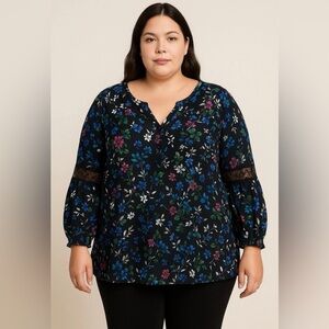 Liz Claiborne Womens Blouse Top‎ Black Floral Lace Long Sleeve V-neck 1X Casual